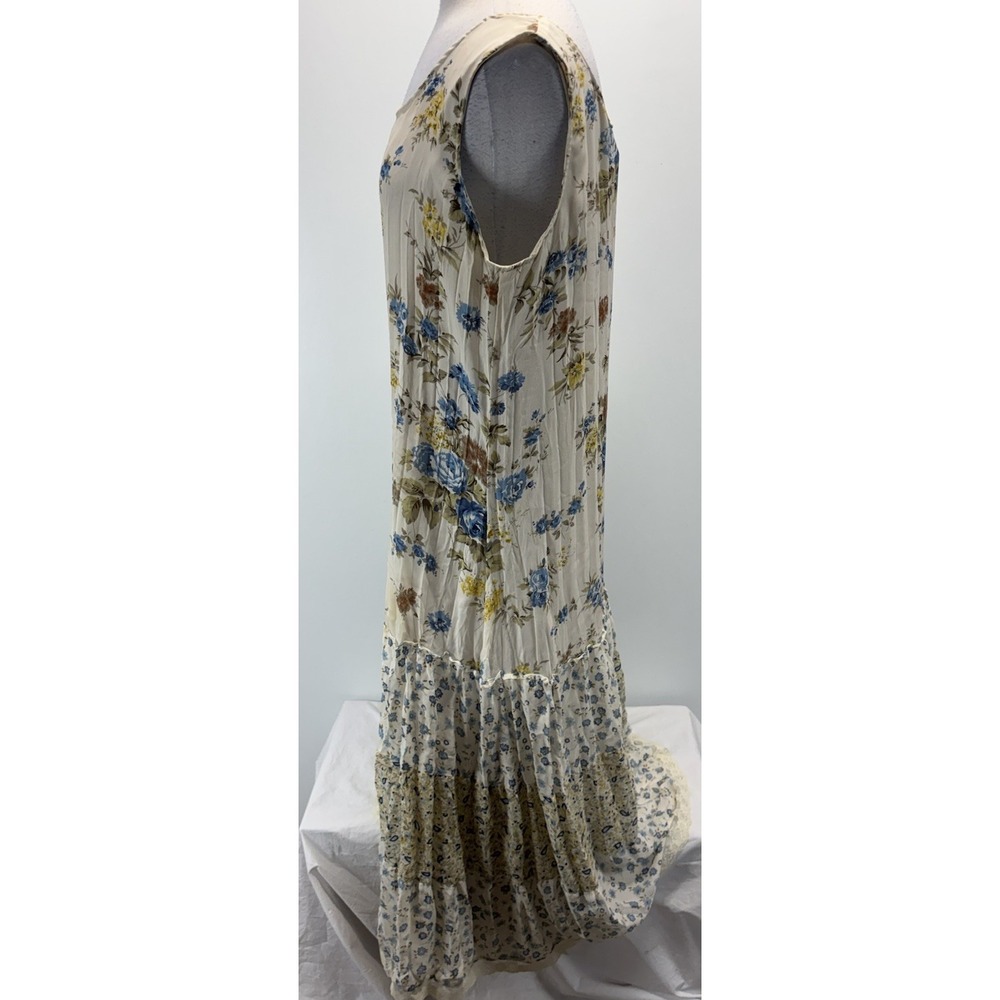 Robbie Bee Floral Patchwork Maxi Dress Womens XL Blue Yellow Crinkle Boho Tiered - Picture 2 of 8